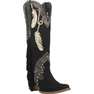 Dingo Black Heeled Boots with Feather Design and Pointed Toe